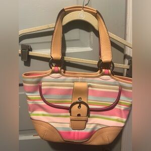 COACH Hampton Soho Multicolor Striped Leather & Canvas Tote w/ Buckle